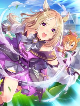 Rule 34 | 3girls, absurdres, animal ear piercing, animal ears, artist request, audience, bare shoulders, blonde hair, blue sky, boots, bow, bowtie, brooch, cape, card commentary, clothing cutout, cloud, commentary, crown, day, detached sleeves, determined, dress, ear through crown, earrings, emphasis lines, feet out of frame, floating clothes, floating hair, forehead, frilled sleeves, frills, furrowed brow, game cg, gem, gloves, gold crown, grass, grey bow, grey bowtie, hair between eyes, happy, highres, horse ears, horse tail, jewelry, light blush, long sleeves, looking ahead, medium hair, mini crown, multiple earrings, multiple girls, narita top road (the proud road) (umamusume), narita top road (umamusume), official art, open mouth, orange hair, outdoors, outstretched arms, pink cape, pink crown, pleated dress, puffy long sleeves, puffy sleeves, purple boots, purple eyes, purple gem, racing, running, see-through clothes, see-through sleeves, short dress, short hair, shoulder cutout, sky, solo focus, sparkle, sweat, t.m. opera o (o sole suo!) (umamusume), t.m. opera o (umamusume), tail, tareme, teeth, thigh strap, third-party source, umamusume, upper teeth only, white gloves, white sleeves, yellow eyes