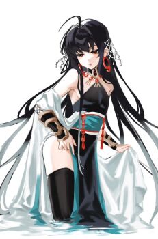1d3ih 1other ahoge arm_armor bare_shoulders black_hair commentary earrings fate/samurai_remnant fate_(series) hair_ornament jewelry kneehighs long_hair long_skirt orange_eyes pendant simple_background skirt socks water white_background white_skirt yamato_takeru_(fate)