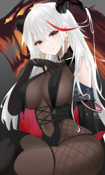 1girl absurdres aegir_(azur_lane) azur_lane backward-facing_horns bare_shoulders black_gloves black_horns bodystocking breast_curtains breasts commentary cross cross_earrings demon_horns earrings elbow_gloves gloves hair_between_eyes hair_on_horn highres horns jewelry large_breasts light_smile long_hair looking_at_viewer multicolored_hair pigu_56100 red_streaks sitting solo streaked_hair two-tone_hair very_long_hair white_hair yellow_eyes
