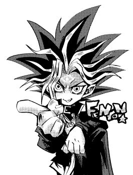 1boy artist_name fenyon halftone millennium_puzzle monochrome multicolored_hair no_nose smirk solo spiked_hair upper_body yami_yugi yu-gi-oh! yu-gi-oh!_(toei)