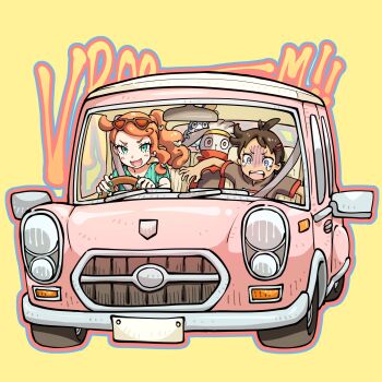 1boy 1girl antenna_hair bomhat brown_hair car driving eyelashes eyewear_on_head gen_8_pokemon goh_(pokemon) green_eyes green_nails green_shirt hair_ornament heart heart_hair_ornament highres long_hair motor_vehicle nail_polish nintendo open_mouth orange_hair pokemon pokemon_(anime) pokemon_(creature) pokemon_journeys pokemon_swsh042 raboot ribbed_shirt scared seatbelt shaded_face shirt short_sleeves side_ponytail sitting smile sobble sonia_(pokemon) sunglasses tearing_up teeth tongue vehicle_focus yellow_background