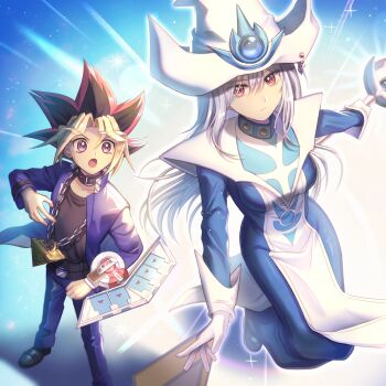 1boy 1girl :o :| belt belt_collar black_belt black_footwear black_hair black_shirt blonde_hair blue_background blue_dress blue_footwear blue_jacket blue_pants breasts card chain chain_necklace clenched_hand closed_mouth collar collarbone commentary_request domino_high_school_uniform dress duel_disk duel_monster colored_bangs floating full_body gloves hair_between_eyes hat holding holding_wand jacket jewelry light_particles light_rays long_dress long_hair long_sleeves looking_at_another looking_at_viewer medium_breasts millennium_puzzle multicolored_hair muto_yugi nanase_(nns_6077) necklace open_clothes open_jacket open_mouth outstretched_arm pants parted_bangs purple_eyes red_hair school_uniform serious shadow shirt shoes sidelocks silent_magician silver_hair sparkle standing summoning surcoat wand white_gloves white_headwear wizard_hat yu-gi-oh! yu-gi-oh!_duel_monsters