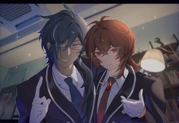 Rule 34 | 2boys, alternate costume, blue necktie, closed mouth, commentary, diluc (genshin impact), english commentary, genshin impact, glasses, gloves, hair between eyes, hair over one eye, highres, index finger raised, kaeya (genshin impact), long sleeves, looking at viewer, male focus, multiple boys, necktie, red eyes, red hair, red necktie, smile, spanked, step-siblings, teeth, upper body, white gloves, zehuij