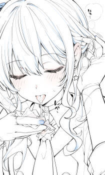 1girl absurdres after_fellatio blue_nails blush closed_eyes cum cum_in_mouth cum_on_tongue cum_string earrings fujisaki_hikari hair_between_eyes highres holding holding_tissue hololive hoshimachi_suisei hoshimachi_suisei_(1st_costume) jewelry long_hair solo star_(symbol) star_earrings tissue tongue tongue_out tucking_hair