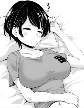 1girl blush breasts closed_mouth collarbone commentary_request hand_on_own_stomach hand_up head_on_pillow highres hinoharaf_(14310486) huge_breasts lying midriff_peek mole mole_on_neck navel on_back original parted_lips pillow shirt short_hair short_sleeves sleeping solo t-shirt upper_body very_short_hair
