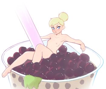 1girl absurdres barefoot blonde_hair blue_eyes blush breasts bubble_tea completely_nude cup disposable_cup dress drink drinking_straw fairy_wings food frown fruit green_dress hair_bun highres in_container in_cup in_food mini_person minigirl nipples nose_blush nude pointy_ears pudgeruffian short_hair simple_background single_hair_bun small_breasts solo sweat tapioca tinker_bell_(disney) unworn_dress walt_disney&#039;s_peter_pan white_background wings