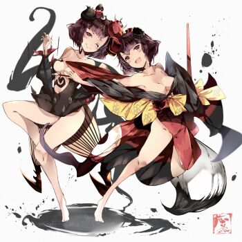2girls bare_shoulders black_dress black_kimono blush breasts center_opening cleavage closed_mouth commentary dress dual_persona fang fate/grand_order fate_(series) father_and_daughter flower full_body genderswap genderswap_(mtf) giant_brush hair_flower hair_ornament highres holding holding_paintbrush ink japanese_clothes katsushika_hokusai_(fate) katsushika_hokusai_(second_ascension)_(fate) katsushika_hokusai_(third_ascension)_(fate) kimono kyuu_(plastic_night_q) medium_breasts multiple_girls one_eye_closed open_mouth paintbrush purple_eyes purple_hair short_hair signature smile thighs white_background