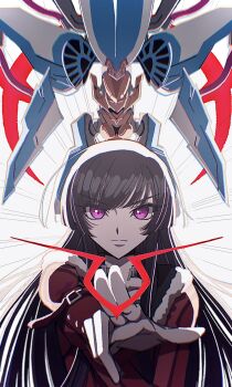 1girl black_hair code_geass code_geass:_dakkan_no_roze geass highres long_hair looking_at_viewer mecha purple_eyes robot solo sumeragi_sakuya