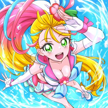 1girl absurdres blonde_hair blue_boots blue_neckerchief blush boots breasts brooch cleavage clothing_cutout crop_top cure_summer elbow_gloves fingerless_gloves flower gloves gradient_hair green_eyes hair_flower hair_ornament heart_cutout hibiscus high_heel_boots high_heels highres jewelry long_hair magical_girl manga_sakuga_(precure) medium_breasts multicolored_hair multicolored_skirt natsuumi_manatsu neckerchief open_mouth paid_reward_available ponytail precure shell_brooch shirt skirt smile solo tropical-rouge!_precure very_long_hair white_gloves white_shirt wrist_cuffs