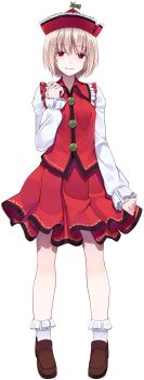 Rule 34 | 1girl, blonde hair, brown shoes, buttons, closed mouth, commentary request, crote, frilled shirt, frilled sleeves, frills, full body, hat, highres, large variant set, legs apart, loafers, long sleeves, looking at viewer, lyrica prismriver, red eyes, red hat, red shirt, shirt, shoes, short hair, skirt, skirt set, sleeves past wrists, smile, socks, solo, standing, tachi-e, touhou, transparent background, variant set, white shirt, white socks