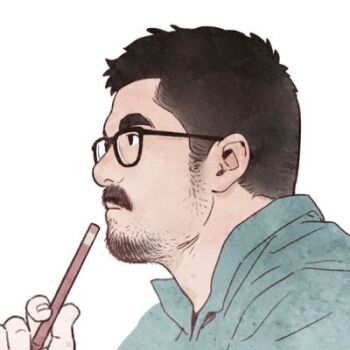 1boy artist_self-insert bara black_hair closed_mouth facial_hair from_side glasses goatee_stubble holding lowres male_focus mature_male medium_sideburns original pencil portrait profile profile_picture sideburns_stubble simple_background solo stubble thick_eyebrows upper_body white_background youtian_(youtiange)