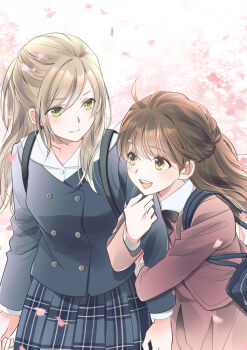 2girls :d blonde_hair blue_jacket blue_skirt brown_hair brown_jacket brown_skirt buttons commentary_request day double-breasted falling_petals half_updo highres jacket layered_sleeves long_hair long_sleeves looking_at_another multiple_girls ooshima_towa open_mouth original outdoors parted_bangs petals plaid_clothes plaid_skirt pleated_skirt school_uniform skirt smile yellow_eyes