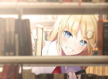 1girl :d blonde_hair blue_eyes blurry blurry_foreground blush book bookshelf bookshelf_pov collared_shirt commentary_request depth_of_field fed_(giba) gear_hair_ornament grin hair_ornament holding holding_book hololive hololive_english indoors lens_flare library long_hair looking_at_viewer open_mouth red_neckwear shirt smile solo teeth upper_body virtual_youtuber watson_amelia white_shirt
