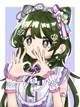 +_+ 1girl absurdres blush border bow bowtie commentary_request cone_hair_bun double_bun four-finger_heart_hands frilled_hairband frilled_shirt_collar frilled_wristband frills green_eyes green_hair hair_bun hairband heart heart_hands highres idol_clothes idolmaster idolmaster_shiny_colors long_hair looking_ahead moruhyoki nanakusa_nichika purple_background purple_bow purple_bowtie smile solo upper_body very_long_hair white_border