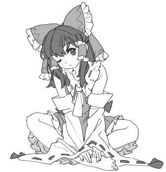 1girl ascot bad_feet barefoot bow closed_mouth commentary_request detached_sleeves frilled_bow frilled_hair_tubes frills greyscale hair_bow hair_tubes hakurei_reimu highres long_hair mero_(starfish_jcs) monochrome one_eye_closed ribbon-trimmed_sleeves ribbon_trim sitting solo toes touhou