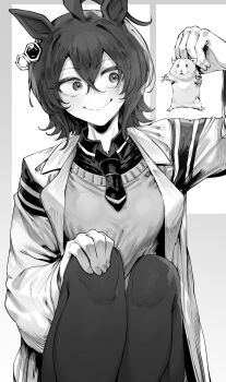 Rule 34 | 1girl, absurdres, agnes tachyon (tach-nology) (umamusume), agnes tachyon (umamusume), animal ears, blush, cardigan, closed mouth, coat, collared shirt, ear ornament, earrings, greyscale, guinea pig, hair between eyes, highres, horse ears, horse girl, jewelry, knees up, lab coat, long sleeves, medium hair, monochrome, necktie, niwarhythm, open clothes, open coat, pantyhose, shirt, short necktie, single earring, smile, umamusume, wide-eyed