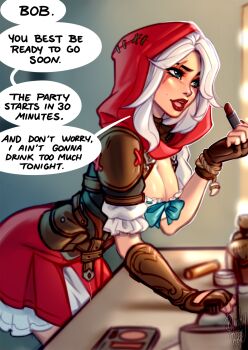 applying_makeup ashe_(overwatch) blouse blue_eyes blushyspicy breasts cleavage corset cosmetics cosplay eyelashes frilled_skirt frills large_breasts lips lipstick lipstick_tube little_red_riding_hood_(grimm)_(cosplay) long_hair makeup mascara overwatch red_hood scar shirt skirt text_focus white_hair