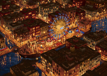 amusement_park bridge building bumper_car canal carousel city_lights commentary_request fantasy ferris_wheel from_above lamppost night original people river sadajiro scenery spinning_teacup window