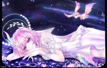 1girl bare_shoulders blue_eyes breasts character_name commentary cyrene_(honkai:_star_rail) cyrene_(ripples_of_past_reverie)_(honkai:_star_rail) diamond-shaped_pupils diamond_(shape) dress english_commentary flower hair_flower hair_ornament halo highres honkai:_star_rail honkai_(series) jewelry large_breasts long_hair lying mem_(honkai:_star_rail) on_side pink_hair purple_eyes ring sky smile star_(sky) starry_sky symbol-shaped_pupils takedraws very_long_hair wedding_ring white_dress