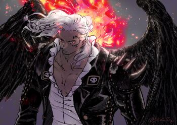1boy black_jacket black_wings braid closed_mouth commentary_request dark-skinned_male dark_skin dated facial_hair facial_tattoo fire floating_hair goatee_stubble highres jacket king_(one_piece) leather leather_jacket long_hair male_focus one_piece red_eyes shirt solo stubble tagawa_jiro tattoo upper_body white_hair white_shirt wings