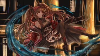 1girl absurdres angelina_(arknights) angelina_(distinguished_visitor)_(arknights) animal_ears arknights armpit_crease backlighting bare_shoulders black_collar black_gloves black_leotard black_shoes black_thighhighs breasts brown_hair chinese_commentary coat collar commentary_request dot_nose earpiece expressionless floating floating_hair fox_ears full_body gloves hairband hand_up headpiece highres holding holding_staff infection_monitor_(arknights) leotard light_frown long_hair long_sleeves looking_at_viewer medium_breasts multicolored_hairband night off_shoulder official_alternate_costume outdoors red_coat red_eyes red_hairband shoes skindentation solo staff striped_clothes striped_hairband thigh_strap thighhighs twintails two-tone_hairband xiaoshi_zai_huanghun_de_feng zettai_ryouiki