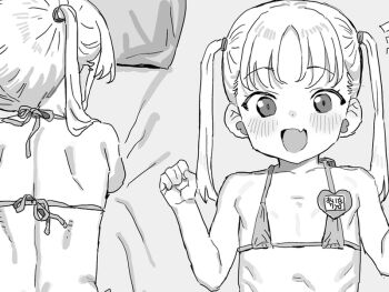 1girl barbarian_tk bikini commentary_request fang flat_chest greyscale halterneck loli looking_at_viewer medium_hair micro_bikini monochrome multiple_views name_tag open_mouth original skin_fang string_bikini swimsuit twintails