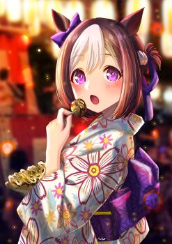 Rule 34 | 1girl, animal ears, blush, bow, braid, brown hair, commentary request, dated commentary, ear bow, floral print, floral print kimono, food, hair bow, hair ribbon, half up braid, highres, horse ears, horse girl, japanese clothes, kimono, long sleeves, multicolored hair, obi, open mouth, otono (bkt4b), print kimono, purple bow, purple eyes, ribbon, sash, short hair, special week (umamusume), summer festival, takoyaki, toothpick, two-tone hair, umamusume, white hair, white kimono, yukata