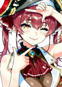 1girl :&gt; arrow_through_heart ascot bare_shoulders bicorne blush breasts cleavage double_finger_gun fgk_miyabi finger_gun hair_ribbon hat highres hololive hololive_fantasy houshou_marine houshou_marine_(1st_costume) jacket jewelry large_breasts leotard leotard_under_clothes long_hair looking_at_viewer no_eyepatch one_eye_closed pirate pirate_hat red_ascot red_hair ribbon see-through_cleavage see-through_clothes see-through_leotard simple_background sleeveless sleeveless_jacket smile solo twintails virtual_youtuber white_background yellow_eyes
