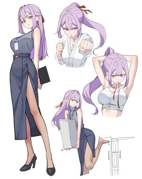 1girl armpits arms_behind_back arms_up barefoot black_shoes c-eye clenched_hands commentary_request dougi full_body grey_shirt hair_ribbon high_heels highres holding holding_paper incoming_attack incoming_punch lanyard long_hair looking_at_viewer mouth_hold multiple_views office_lady open_mouth original paper paper_stack parted_lips pink_eyes pink_hair ponytail pumps punching ribbon ribbon_in_mouth shirt shoes side_slit simple_background skirt sleeveless sleeveless_shirt sports_bra tying_hair upper_body white_background white_sports_bra