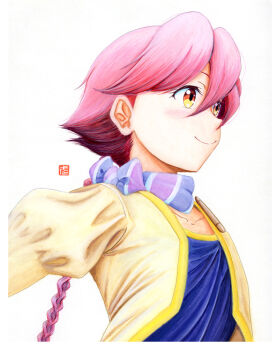 Rule 34 | apocalypse hotel, bow, braid, hair between eyes, long sleeves, pink hair, puffy long sleeves, puffy sleeves, purple bow, simple background, smile, traditional media, upper body, watercolor pencil (medium), white background, y takeshinu wan, yachiyo (apocalypse hotel), yellow eyes
