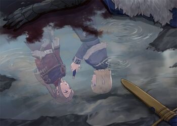 1boy 1girl aged_down blonde_hair blood blue_cape blue_eyes brown_hair byuub cape commentary couple dagger dimitri_alexandre_blaiddyd dimitri_alexandre_blaiddyd_(timeskip) dimitri_alexandre_blaiddyd_(young) dress dual_persona edelgard_von_hresvelg edelgard_von_hresvelg_(young) english_commentary fire_emblem fire_emblem:_three_houses fur-trimmed_cape fur_trim hair_between_eyes holding holding_weapon knife long_sleeves looking_at_another looking_to_the_side mud nintendo on_ground outdoors puddle purple_eyes reflection ripples short_hair spoilers standing twintails weapon