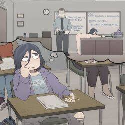 1boy 1other 2girls adriana_ortega angel_martinez aroused belt bent_over black_hair blush bound bound_wrists breasts clinical_trial_(game) clock clothed_male_nude_female denim desk english_text female_pervert full_body hair_between_eyes hand_on_own_chin head_out_of_frame highres holding holding_pencil homunculus100 hood hooded_jacket imagining imminent_penetration indoors jacket jeans lee_smith looking_up medium_hair multiple_girls nude open_belt pants paper pencil pervert public_indecency public_nudity sanpaku sex_ed shirt short_hair smile speech_bubble t-shirt teacher teacher_and_student thinking thought_bubble tiptoes torn_clothes torn_jeans torn_pants wall_clock whiteboard