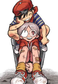 Rule 34 | 2boys, :d, ^ ^, backwards hat, bandaid, black hair, blue shirt, blue shoes, closed eyes, commentary, facing viewer, freckles, glasses, grin, hand on own cheek, hand on own face, hat, head rest, highres, lloyd (mother), mother (series), mother 1, multiple boys, ninten, nintendo, open mouth, red hat, red scarf, red shoes, red sweater, round eyewear, scarf, shirt, shoes, short sleeves, sitting, smile, sneakers, socks, striped clothes, striped shirt, sweater, user zpnu2438, white background, white hair, yellow socks