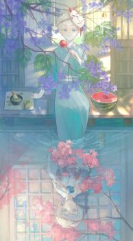 1boy 1girl absurdres aged_down aqua_kimono arm_support blue_eyes bob_cut branch candy_apple chasen chawan cherry_blossoms chinese_commentary chocolate-covered_food chocolate_strawberry closed_mouth cup dappled_sunlight different_reflection downturned_eyes dual_persona feet_out_of_frame flower food fox_mask fruit genderswap genderswap_(mtf) gojou_satoru green_tea hair_between_eyes hair_flower hair_ornament highres holding holding_candy_apple holding_cup holding_food japanese_clothes jujutsu_kaisen kimono long_sleeves mask mask_on_head open_door pink_flower purple_flower reflection reflective_liquid short_bangs short_eyebrows short_hair shouji sliding_doors soaking_feet solo spoon sunlight tea teacup veranda water watermelon white_hair white_kimono wind_chime wooden_floor yukata zongsi600