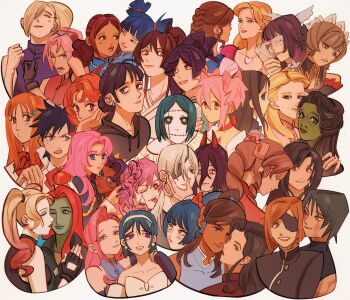 6+girls absurdres aerith_gainsborough aisha_(winx_club) akemi_homura akemi_homura_(magical_girl) alexa_(barbie_and_the_diamond_castle) alien_stage arisawa_tatsuki arm_around_neck asami_sato avatar_legends barbie_(character) barbie_(franchise) barbie_and_the_diamond_castle black_gloves black_hair black_hairband black_hoodie black_jacket black_sclera bleach blonde_hair blue_dress blue_eyes blue_hair bow bowtie braid brown_hair chainsaw_man choker closed_eyes closed_mouth colored_sclera colored_skin columbina_(genshin_impact) commentary cosmo_(chainsaw_man) dark-skinned_female dark_skin dc_comics dress ear_piercing earrings elbow_gloves elphaba_thropp english_commentary eyeball eyepatch final_fantasy final_fantasy_vii final_fantasy_vii_remake fingerless_gloves forehead_jewel genshin_impact glasses gloves good_witch_of_the_north green_hair green_skin hair_over_one_eye hairband half_up_braid hand_on_another's_face hand_on_another's_shoulder harley_quinn haruno_sakura heart heart_necklace highres himemiya_anthy hood hoodie horns inoue_orihime jacket jewelry jigokuraku jujutsu_kaisen jujutsu_tech_uniform kaname_madoka kaname_madoka_(magical_girl) kininatteru_hito_ga_otoko_ja_nakatta kiss koga_mitsuki korra kugisaki_nobara liana_(barbie) long_(chainsaw_man) long_hair looking_at_viewer mahou_shoujo_madoka_magica mahou_shoujo_madoka_magica_(anime) mizi_(alien_stage) mole mole_under_eye multiple_girls musa_(winx_club) naruto_(series) necklace one_eye_closed oosawa_aya orange_hair parted_lips pearl_necklace piercing pingtsi_(chainsaw_man) pink_dress pink_eyes pink_hair poison_ivy puckered_lips purple_gloves purple_hair quanxi_(chainsaw_man) red_bow red_bowtie red_choker red_eyes red_hair sandrone_(genshin_impact) scar scar_across_eye scar_on_face shabexzart short_hair short_twintails shoujo_kakumei_utena simple_background smile sua_(alien_stage) suicide_squad tenjou_utena the_legend_of_korra tifa_lockhart tongue tongue_out tsugihagi_(chainsaw_man) twintails white_background white_dress white_gloves white_hair white_hairband wicked winx_club yamada_asaemon_sagiri yamanaka_ino yuri yuzuriha_(jigokuraku) zen'in_maki zombie