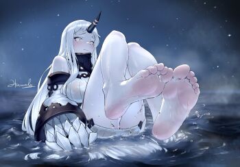 1girl abyssal_ship bare_legs barefoot claws colored_skin detached_sleeves dress feet flamerush191 horns kantai_collection long_hair mittens oversized_forearms oversized_limbs pale_skin ribbed_sweater seaport_princess single_horn solo sweater sweater_dress water wet white_hair white_skin