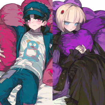 1boy 1girl absurdres anzekeye black_dress black_hair blonde_hair blue_eyes blue_hat blue_jacket blue_pants blush chinese_commentary dress gem hair_ornament hat heart heart-shaped_pillow highres holding holding_pillow jacket maruko_gaku oosuzuki_kurara pants patchwork_clothes pillow pink_pillow print_shirt purple_pillow red_eyes red_gemstone shirt short_hair split the_hundred_line_-last_defense_academy- white_shirt