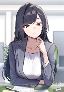 Rule 34 | 1girl, amagi shino, black hair, breasts, closed mouth, collarbone, commentary request, desk, formal clothes, green eyes, grey jacket, highres, indoors, jacket, large breasts, long hair, long sleeves, looking at viewer, office lady, original, paper, pen, plant, potted plant, shirt, sitting, solo, suit, upper body, white shirt