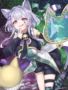 1girl animal_ears black_shorts breasts cat_ears cat_girl cat_tail commentary_request detached_sleeves duel_monster fingernails highres long_sleeves maliss_<p>_chessy_cat medium_breasts medium_hair memento_vivi necktie open_mouth short_shorts shorts smile solo tail thigh_strap translation_request yu-gi-oh!