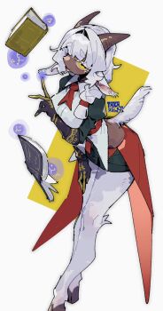 1girl animal_ears animal_feet black_shirt black_shorts book colored_eyelashes dark-skinned_female dark_skin full_body goat_ears goat_girl goat_horns goat_tail hand_up highres hooves horizontal_pupils horns juliet_sleeves long_hair long_sleeves looking_at_viewer magic monster_girl original puffy_sleeves satyr shirt shorts solo taiga_(klm1511) tail vest white_background white_hair white_vest yellow_eyes