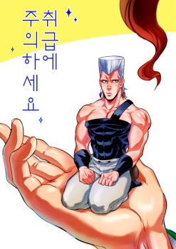1boy anzumame grey_hair in_palm jean_pierre_polnareff jojo_no_kimyou_na_bouken kakyoin_noriaki kneeling korean_text mini_person miniboy
