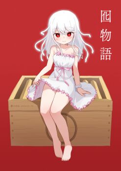 1girl absurdres armlet barefoot box chinese_zodiac closed_mouth collarbone commentary_request dated dress flower highres jewelry kizuna_sora long_hair looking_at_viewer monogatari_(series) on_box pink_flower pink_ribbon red_background red_eyes ribbon sengoku_nadeko simple_background sitting skirt_hold smile snake_hair sundress thighs white_dress white_hair year_of_the_snake