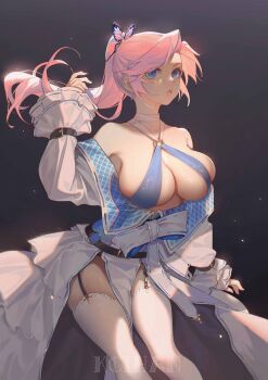 1girl absurdres artist_name bare_shoulders belt black_background blue_eyes breasts cleavage collarbone commentary_request criss-cross_halter detached_sleeves female_focus garter_straps gradient_background hair_ornament halterneck hand_up highres koi_han large_breasts lisp long_hair o-ring open_mouth original pink_hair ponytail shiny_skin sleeveless solo thighhighs white_thighhighs