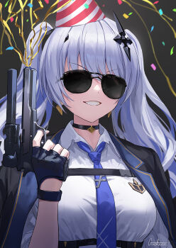 Rule 34 | 1girl, amt hardballer, amt hardballer longslide, birthday, black background, black choker, black gloves, black jacket, blue necktie, breasts, chest harness, choker, collared shirt, confetti, cross, cross hair ornament, earrings, fingerless gloves, gloves, grey hair, guchico, gun, hair ornament, handgun, harness, hat, inverted cross, jacket, jewelry, large breasts, long hair, necktie, neo-porte, parody, party hat, pistol, shirt, smile, solo, sunglasses, teeth, tented shirt, tentei forte, tentei forte (2nd costume), terminator (series), the terminator, triangle earrings, twintails, virtual youtuber, weapon, white shirt