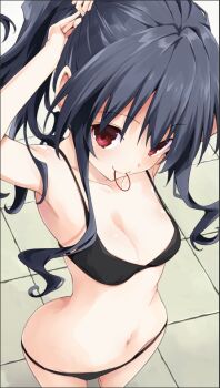 Rule 34 | 1girl, armpits, ass, bikini, black bikini, black hair, breasts, cleavage, closed mouth, collarbone, commentary, feet out of frame, foreshortening, from above, groin, hair between eyes, hairband, iwashi dorobou -r-, light blush, long hair, looking at viewer, mouth hold, navel, neptune (series), red eyes, sidelocks, small breasts, smile, solo, strap gap, swimsuit, tile floor, tiles, tying hair, uni (neptunia), wavy hair, wide hips