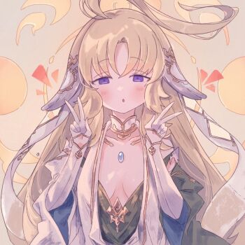 1girl ahoge animal_ears bhaisa_(granblue_fantasy) breasts cleavage commentary_request empty_eyes gloves granblue_fantasy half_gloves highres long_hair medium_breasts misiaaa19 rabbit_ears v