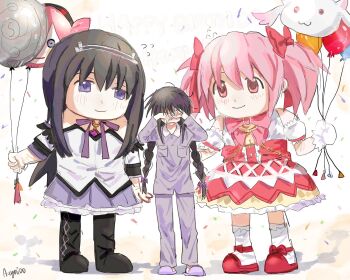1girl 2others aayoii_00 akemi_homura akemi_homura_(magical_girl) balloon black_hair bow bowtie braid charlotte_(madoka_magica) crying flying_sweatdrops highres holding holding_balloon kaname_madoka kaname_madoka_(magical_girl) kyubey long_hair mahou_shoujo_madoka_magica mahou_shoujo_madoka_magica:_walpurgis_no_kaiten mahou_shoujo_madoka_magica_(anime) mascot_costume multiple_others pants pink_eyes pink_hair purple_bow purple_bowtie purple_pants purple_shirt purple_slippers rubbing_eyes shirt slippers twin_braids