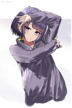 1girl \n/ blunt_bangs closed_mouth commentary double_\n/ fox_shadow_puppet highres hololive hololive_english jacket kozimo123456 long_sleeves looking_at_viewer ninomae_ina'nis ninomae_ina'nis_(loungewear) o3o purple_hair simple_background solo symbol-only_commentary tentacle_hair twitter_username virtual_youtuber white_background