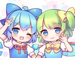 Rule 34 | 2girls, ;d, ahoge, blue dress, blue eyes, blue hair, blue vest, blue wings, blush, bow, chibi, cirno, closed mouth, coa (chroo x), daiyousei, detached wings, dress, fairy wings, green hair, hair bow, heart, heart in mouth, ice, ice wings, multiple girls, neck ribbon, one eye closed, one side up, open mouth, outline, puffy short sleeves, puffy sleeves, red ribbon, ribbon, short sleeves, simple background, smile, star (symbol), starry background, touhou, upper body, vest, white background, white outline, wings, yellow bow