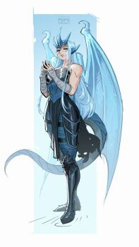 Rule 34 | 1girl, armor, blue armor, blue background, blue eyeshadow, blue hair, blue horns, blue lips, blue theme, blue wings, border, commentary, commission, dragon girl, dragon tail, dragon wings, english commentary, eyeshadow, full body, greaves, highres, horns, long hair, makeup, monster girl, original, own hands together, pepedraws, solo, strapless, tail, toned, toned female, white border, wings, yellow eyes